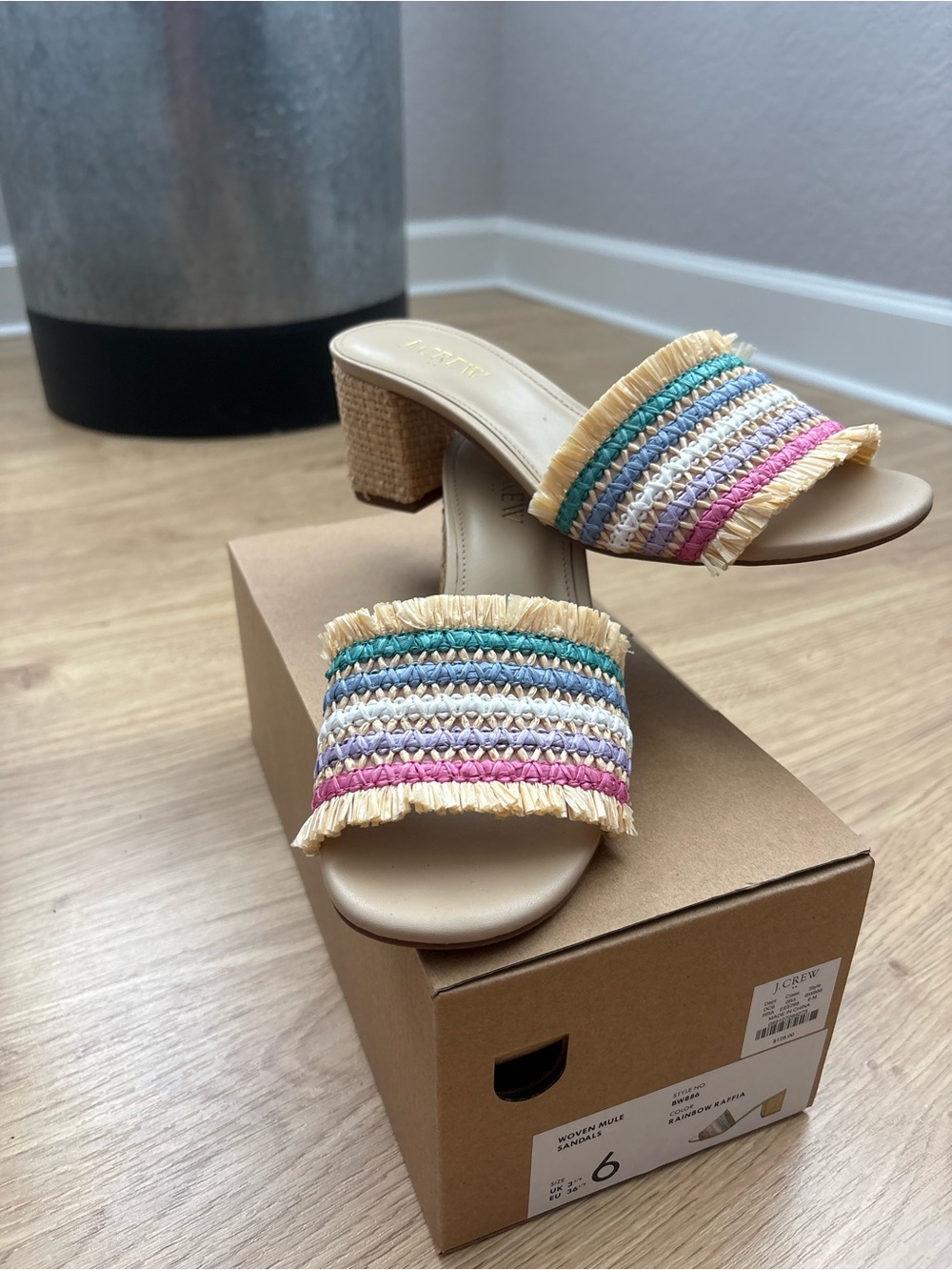 J. Crew Beige Raffia-Strap Block Heel Mules with Multicolor Stripes